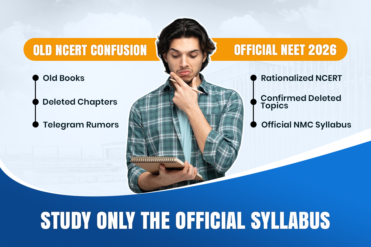 NEET UG 2026 syllabus update infographic comparing old NCERT confusion with the official NEET 2026 syllabus and advising students to study only the official syllabus.